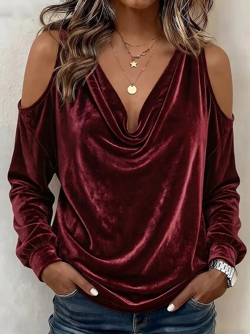 Burgundy Party Women's Velvet Cold Shoulder Long Sleeve Blouse